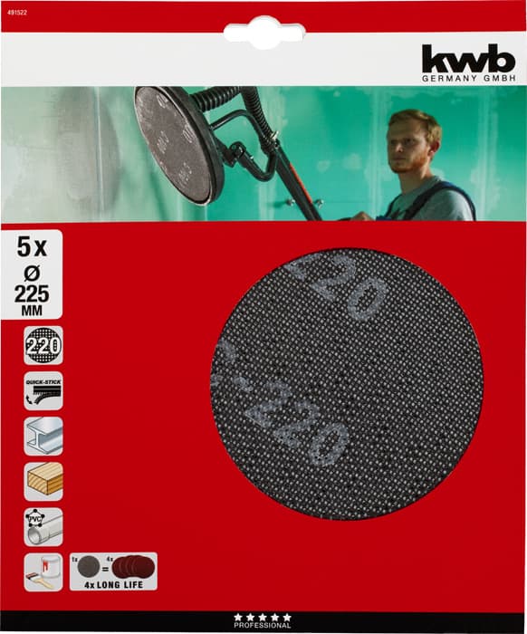  KWB 49491522 Quick-Stick Brusna mrežica 225 GR220, za brusilice za zidove, Si-karbid - slika 2