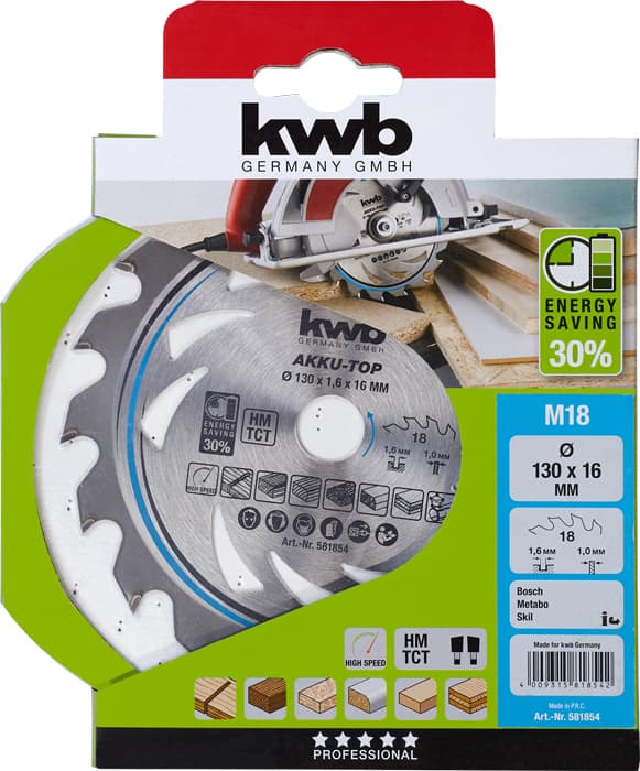  KWB 49581854 TCT list za cirkular za drvo 130 x 16 mm, 18T - slika 2