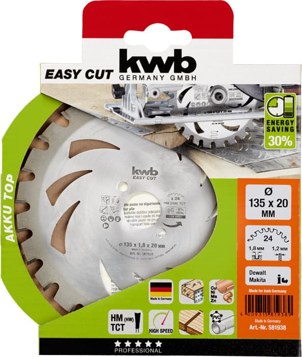 KWB 49581938 Easycut rezni disk za cirkular 135x20, 24Z, HM, za drvo/metal(nonFe)/plastiku, Energy Saving - slika 2