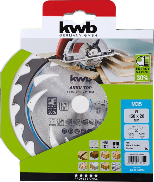  KWB 49583554 TCT list za cirkular za drvo 150 x 20 mm, 20T, ojačan karbidom - slika 2