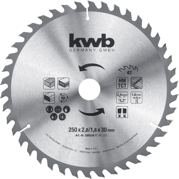  KWB 49589359 list za cirkular za drvo 250 x 30 mm, T42, ojačan karbidom