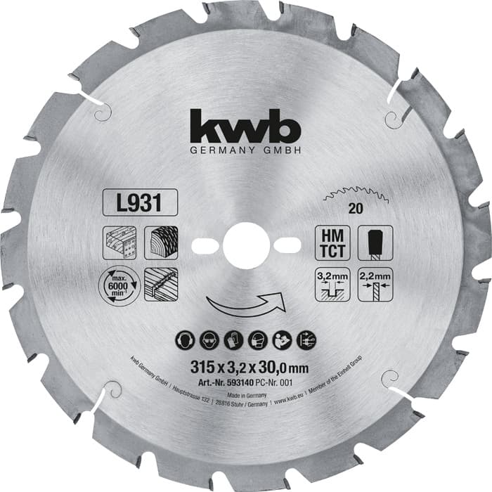  KWB 49593140 list za cirkular za drvo 315 x 2,2 x 30 mm, Z20, ojačan karbidom