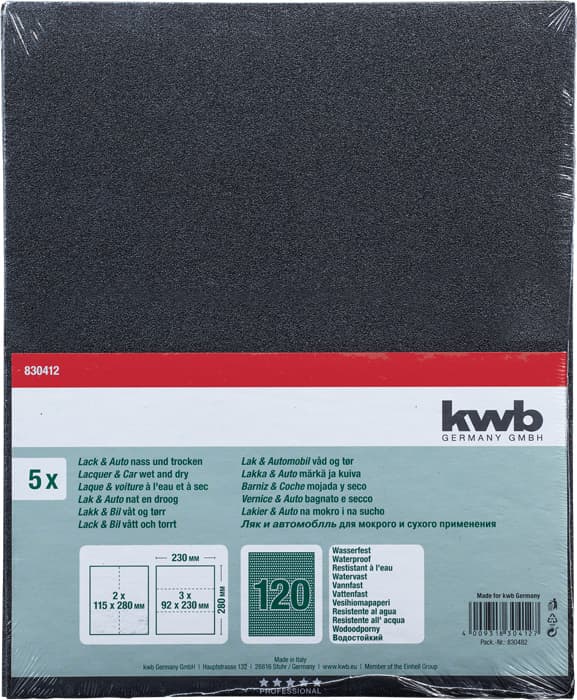  KWB 49830412 Brusni papir vodootporni GR 120, 230x280, suvo/mokro, 5 komada - slika 2