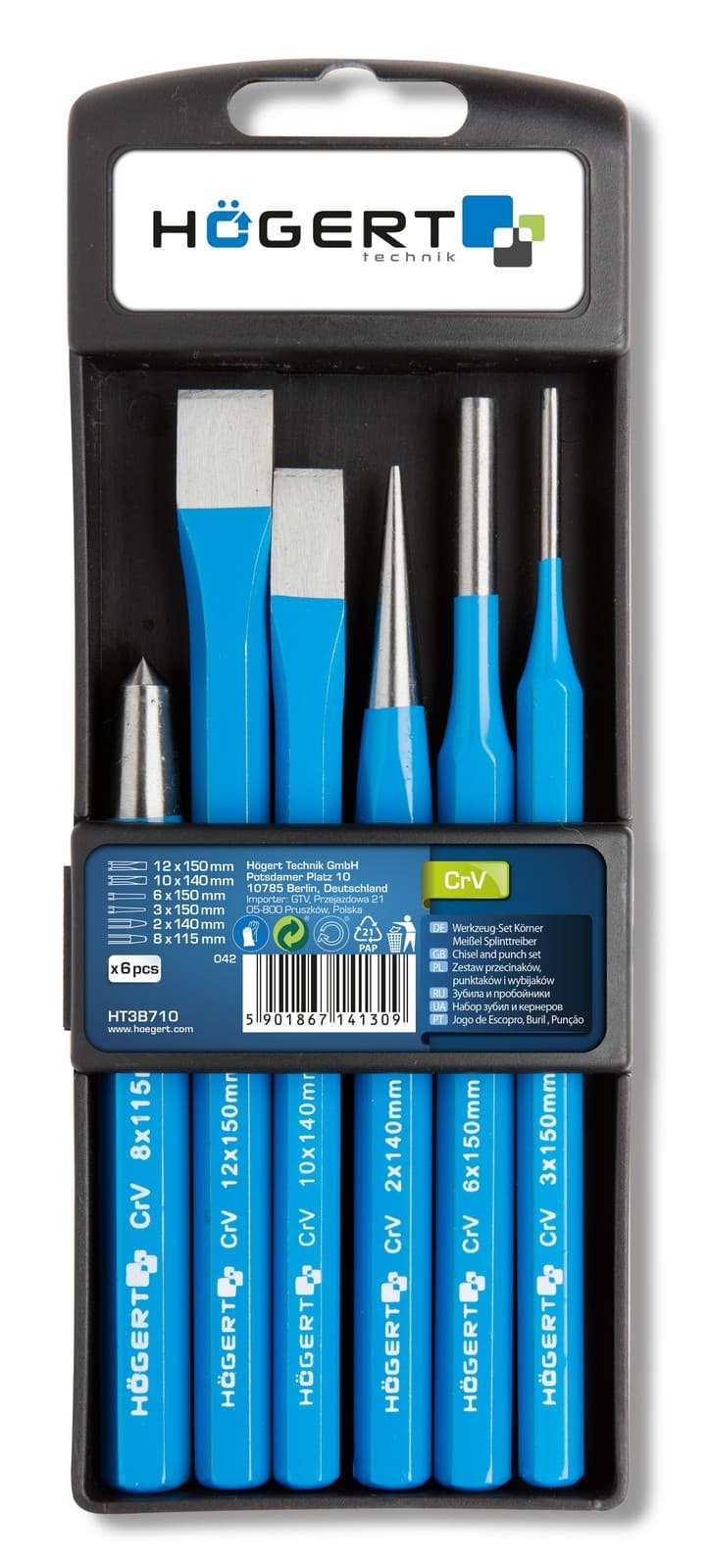 Hogert HT3B710 set dleta i izbijača, 6. kom., crv - slika 2