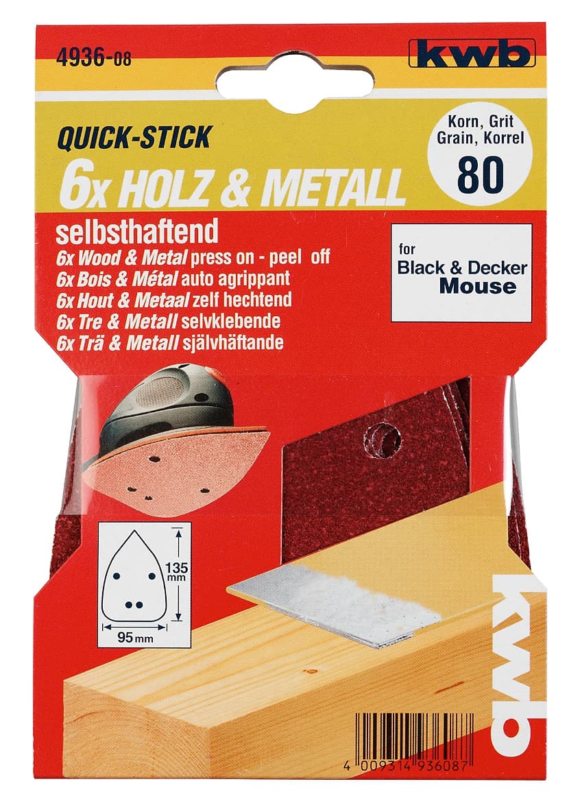  KWB 49493624 Samolepljivi brusni papir za drvo - metal, trougaoni za B-D Mouse, GR 240, 6 kom - slika 2