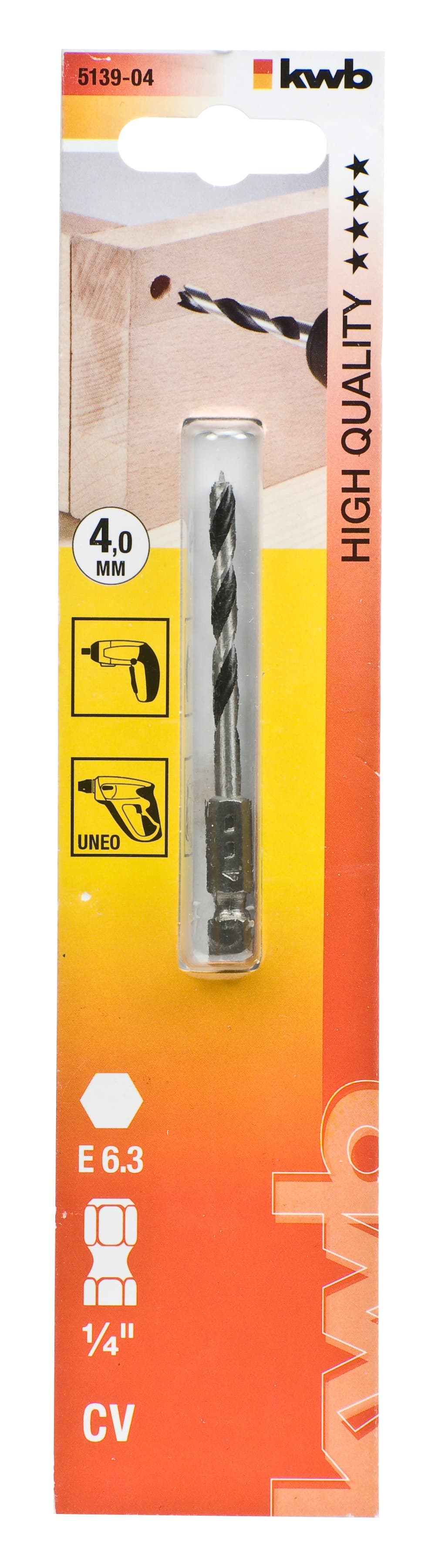  KWB 49513904 Spiralna burgija za drvo sa šestougaonim prihvatom, 1/4", 4 mm
