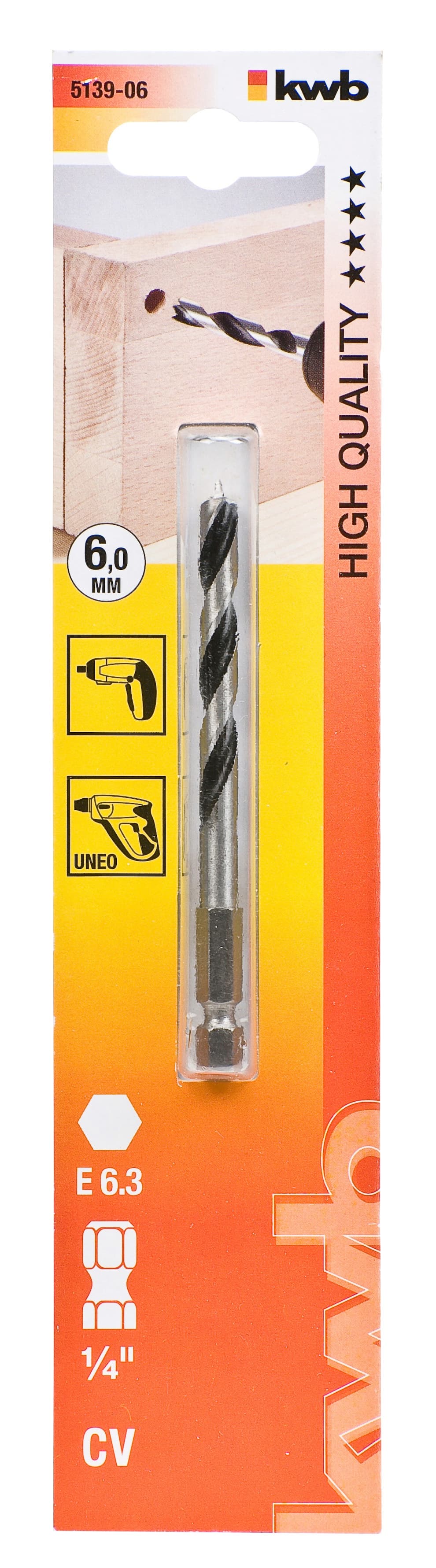  KWB 49513906 Spiralna burgija za drvo sa šestougaonim prihvatom, 1/4", 6 mm