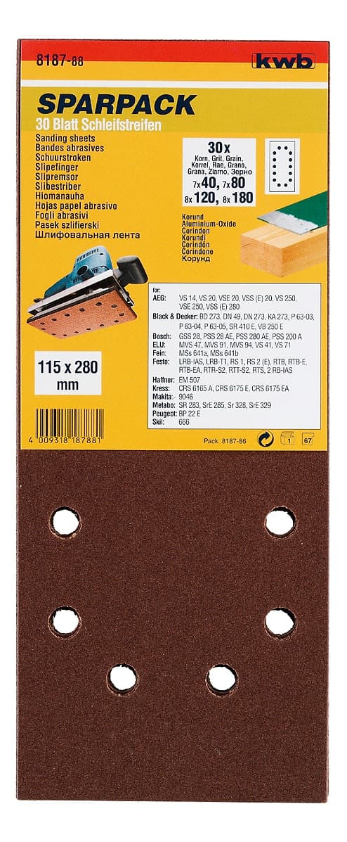  KWB 49818788 Set brusnih papira 115x280 GR40-180, 30/1 | drvo-metal, alu-oksid