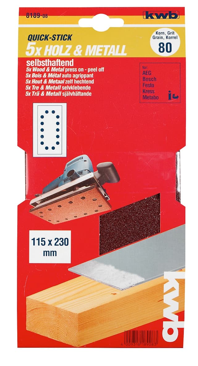  KWB 49818908 Samolepljivi brusni papir za drvo - metal, 115 x 230 mm, GR 80, 5 kom