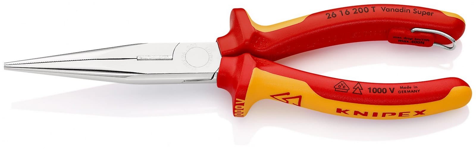 Knipex klešta špic prava 1000V VDE 200mm sa mogućnošću kačenja 26 16 200 T