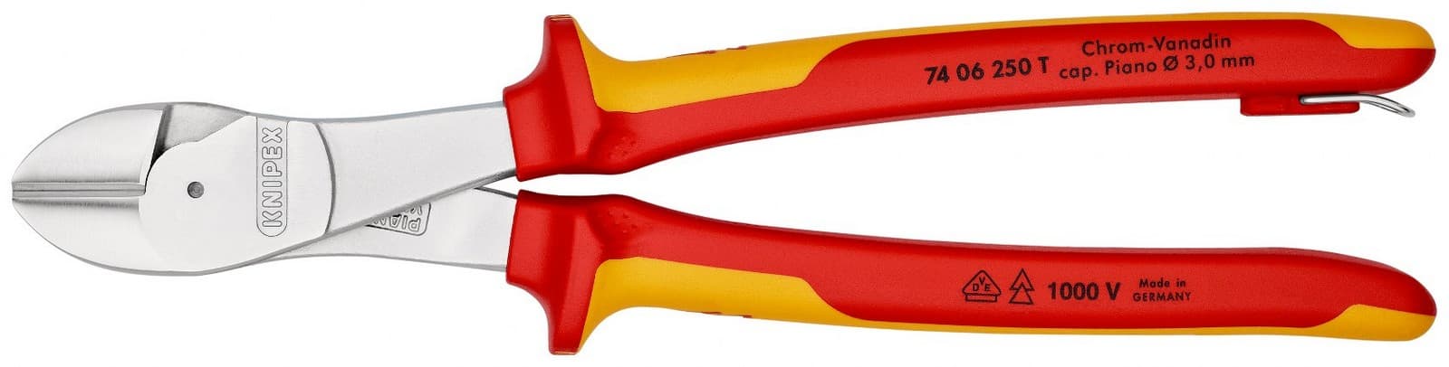 Knipex kose sečice ojačane izolovane 1000V VDE 250mm sa mogućnošću kačenja 74 06 250 T - slika 3