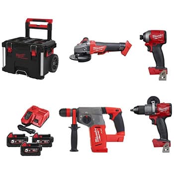 Milwaukee aku set - vibraciona bušilica-odvijač + udarni odvijač + bušilica-čekić + ugaona brusilica + punjač + 3 baterije + kutija M18 FPP4B-503P SET - slika 3