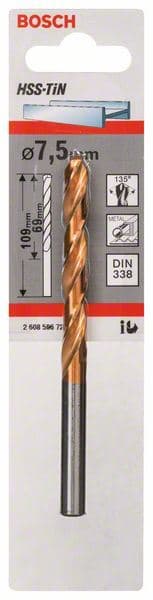 Burgija za metal HSS-TiN, DIN 338 Bosch 2608596726, 7,5 x 69 x 109 mm