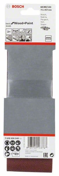 3-delni set brusnih traka X440 Bosch 2608606040, 75 x 457 mm, 60; 80; 100 - slika 2