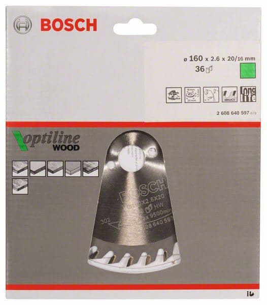 List kružne testere Optiline Wood Bosch 2608640597, 160 x 20/16 x 2,6 mm, 36