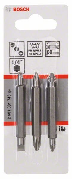 3-delni set dvostranih nastavaka Bosch 2607001745, PH1, PZ1, S 0,6x4,5; PH2, PZ2, S 1,0x5,5; 60 mm - slika 2