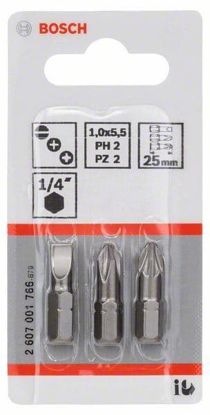 3-delni paket bitova odvrtača ekstra tvrdi (mešani) Bosch 2607001766, S 1,0x5,5; PH2; PZ2; 25 mm - slika 2
