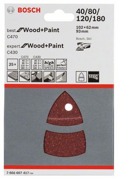 25-delni set brusnih listova C470 i C430 Bosch 2608607417, 102 x 62, 93 mm, 3x40, 6x80, 3x120, 3x180, 2x40, 2x80, 4x120, 2x180 - slika 2