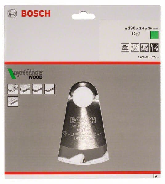 List kružne testere Optiline Wood 190 x 30 x 2,6 mm, 12 Bosch 2608641187, 190 x 30 x 2,6 mm, 12