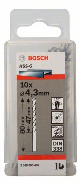 Burgija za metal HSS-G, DIN 338 Bosch 2608585487, 4,3 x 47 x 80 mm