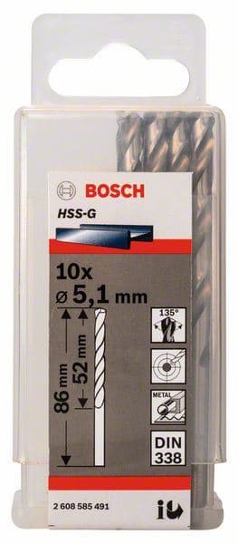 Burgija za metal HSS-G, DIN 338 Bosch 2608585491, 5,1 x 52 x 86 mm