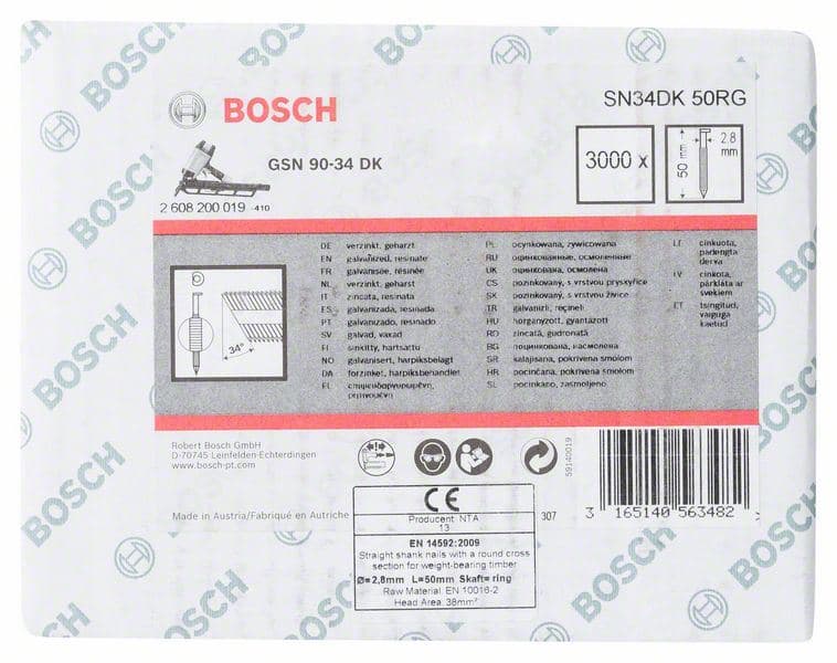 Ekser sa prugama D–glava SN34DK 50RG Bosch 2608200019, 2,8 mm, 50 mm, pocinkovana, nabrazdana - slika 2