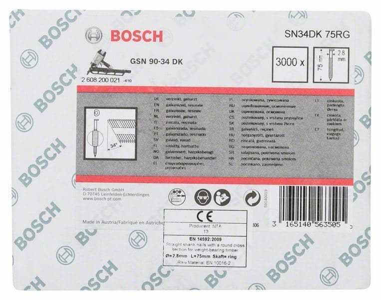 Ekser sa prugama D–glava SN34DK 75RG Bosch 2608200021, 2,8 mm, 75 mm, pocinkovana, nabrazdana - slika 2