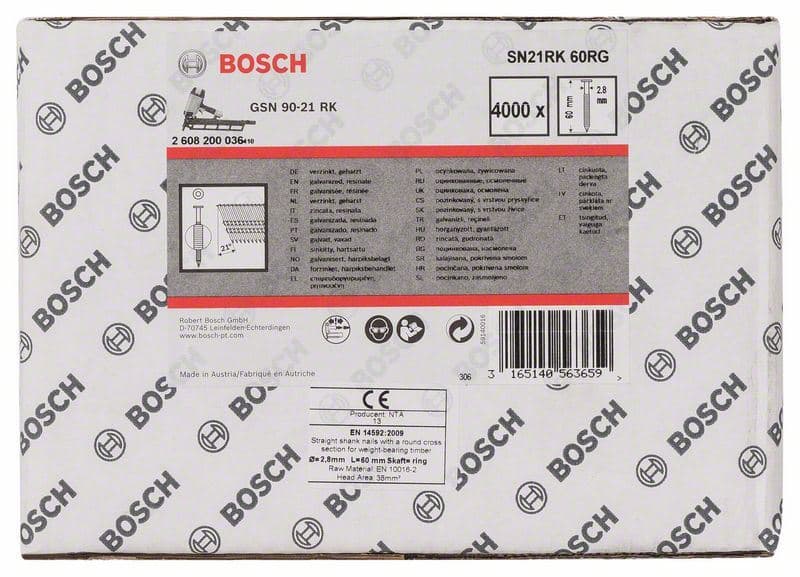 Ekser sa prugama okrugla glava SN21RK 60RG Bosch 2608200036, 2,8 mm, 60 mm, pocinkovana, nabrazdana - slika 2