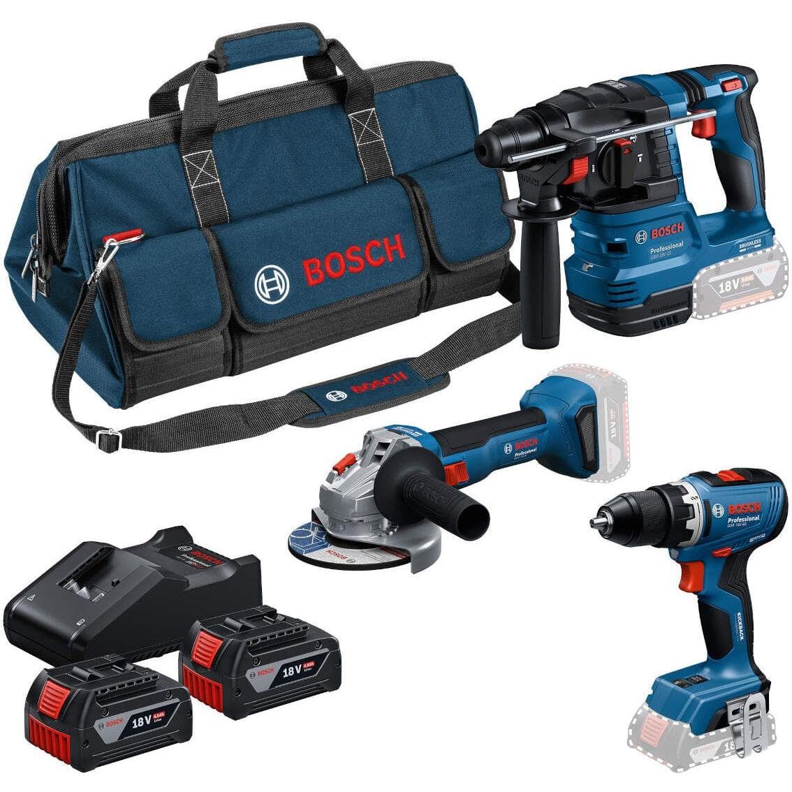 Bosch akumulatorski set alata GSR 18V-65 + GBH 18V-22 + GWS 18V-8 + 2xGBA 18V 4.0Ah + torba, 0615A50094