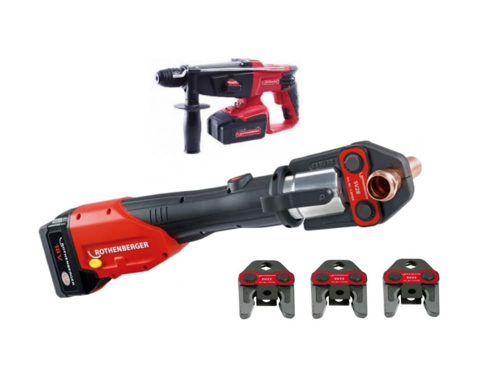 Set ROMAX 4000 Rothenberger 1000002281 press uređaj 18V, 4.0Ah + 3 SV 15-22-28mm + akumulatorski čekić RO RH400