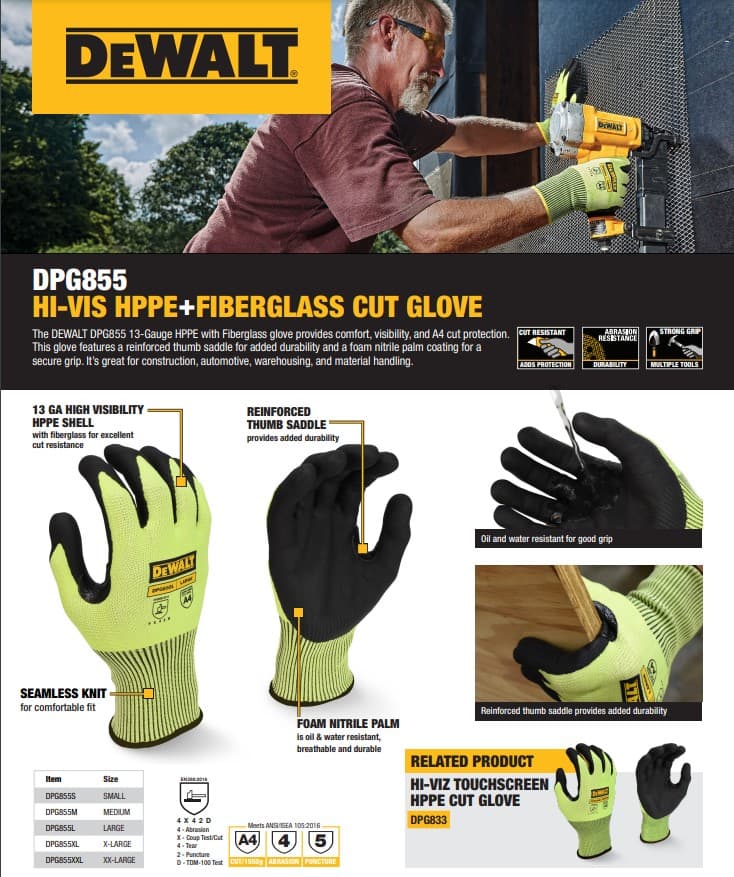 DeWalt DPG855L zaštitne rukavice visoke vidljivosti HPPE, A4 nivoa zaštite protiv posekotina - slika 8