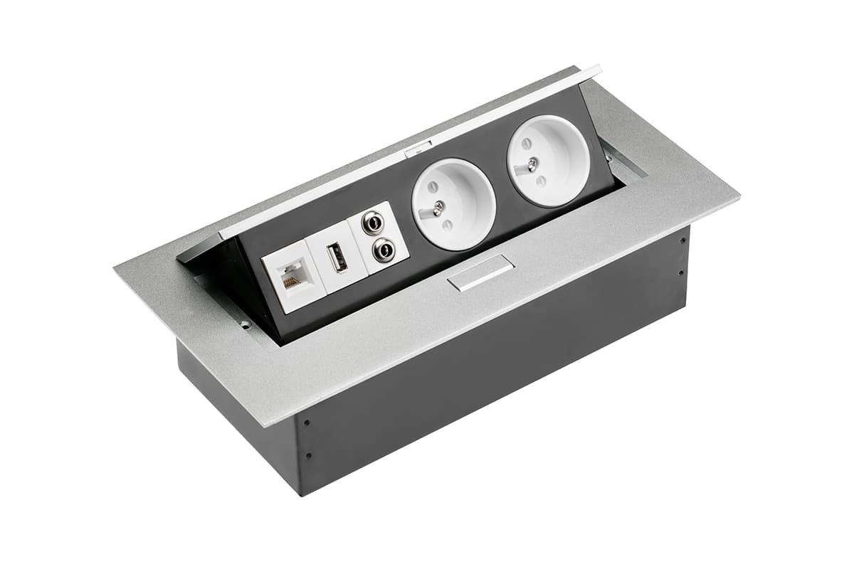GTV Električna konzola za konferencijski sto (kvadratna) 2x francuska utičnica, USB, audio in/out (Minijack), INTERNET, AE-PB02GU-53