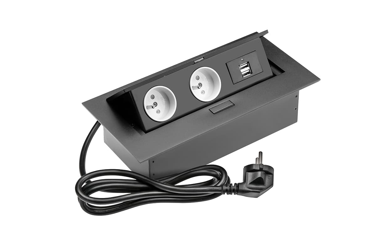 GTV Električna konzola za konferencijski sto 2x francuska utičnica, 2X USB, kabl, crna, AE-PBU2GU-20