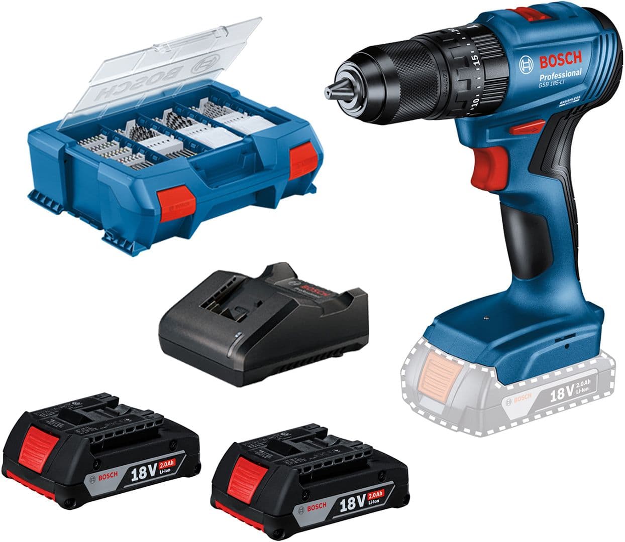 Akumulatorska vibraciona bušilica, odvrtač Bosch GSB 185-Li, 18V, 2x2,0Ah + 82-delni set pribora u koferu, 0615990N2P